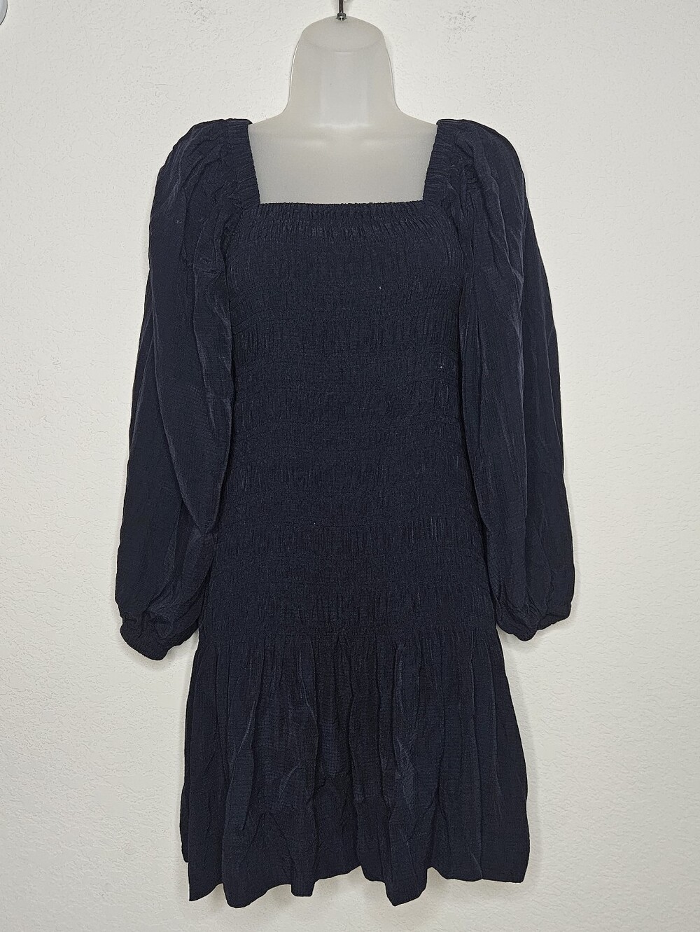 GANNI Ripstop Navy Smocked Mini Dress Puff Peasant Sleeve Square Neck SZ 34 US 4 - Picture 4 of 13